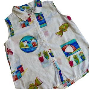 Quirky Vintage 90s Tropical Beach Fish Print Cotton Sleeveless Button Up Blouse